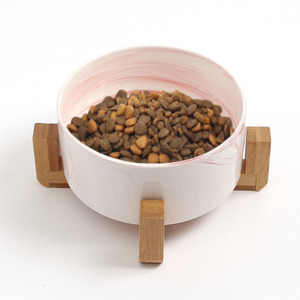 반려동물 우드받침 도자기식기(마블핑크) 애견밥그릇