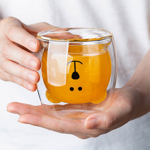 [로하티] 행복카페 이중 유리컵 내열 곰돌이 동물컵